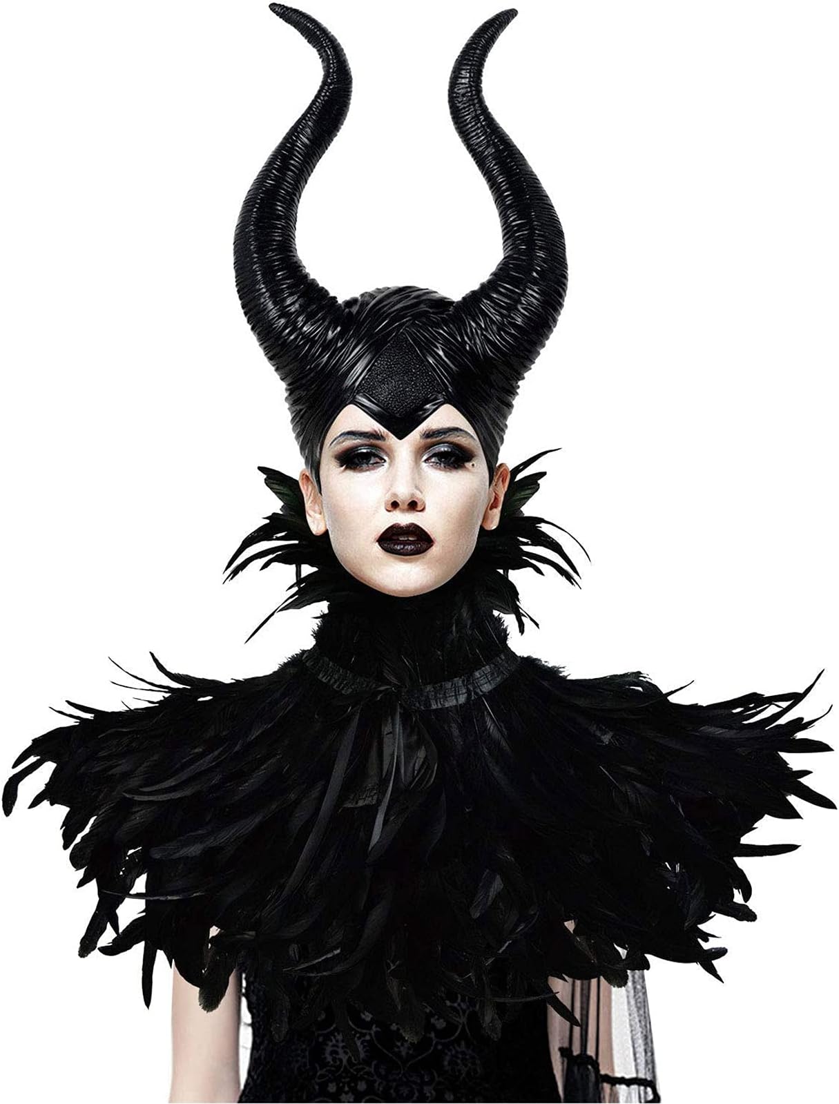 HOMELEX Maleficent Horns with Feather Cape Shawl Set Black Evil Queen Halloween Costume for Women, Black, One size