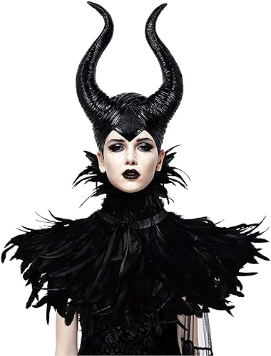 HOMELEX Evil Queen Feather Horns Costume for Women Black Cape Halloween Headpiece Shawl Accessories - Black