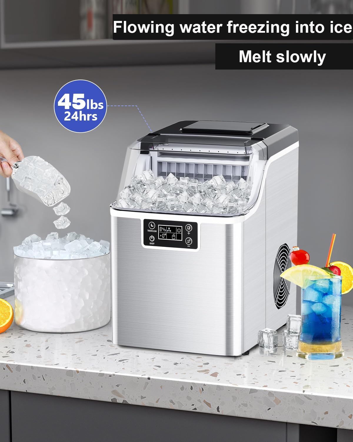 Kndko Ice Makers Countertop, 45Lbs/Day, 2 Ways to Add Water, Countertop Ice Maker, 24 Pcs Ready in 13 Mins, Self Cleaning Ice Maker, 24H Timer, Perfect for Home Bar RV, Stainless Steel Ice Maker on Fridge.com