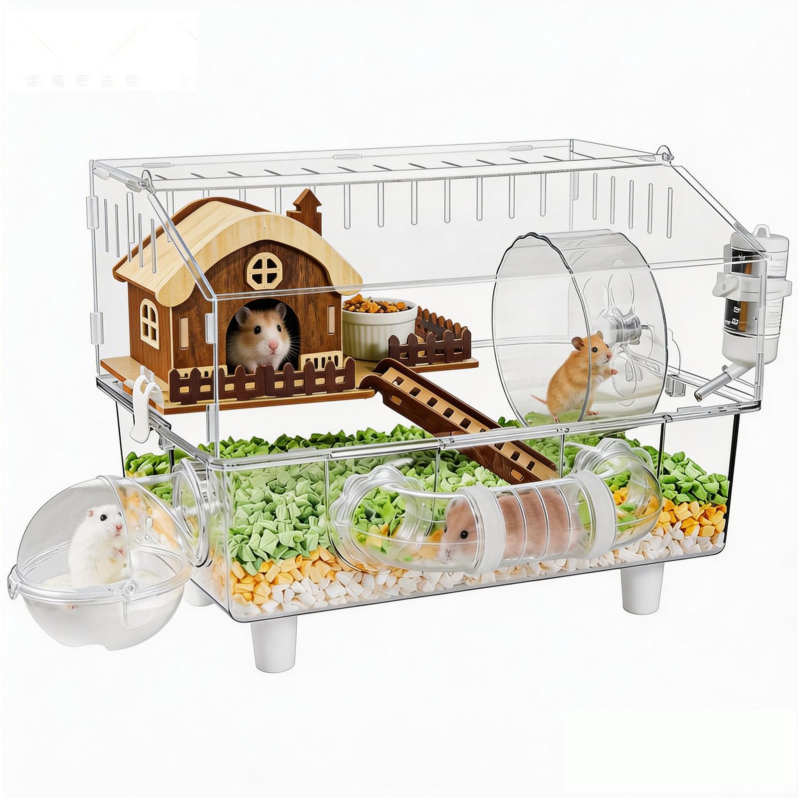 Acrylic Hamster Cage with All Accessories 2-Layer House with Full Transparent Viewing,Top Open Mouse Cage for Pet Mice,Large Habitat for Dwarf Hamster,Gerbils; 17"x11"x13.4"