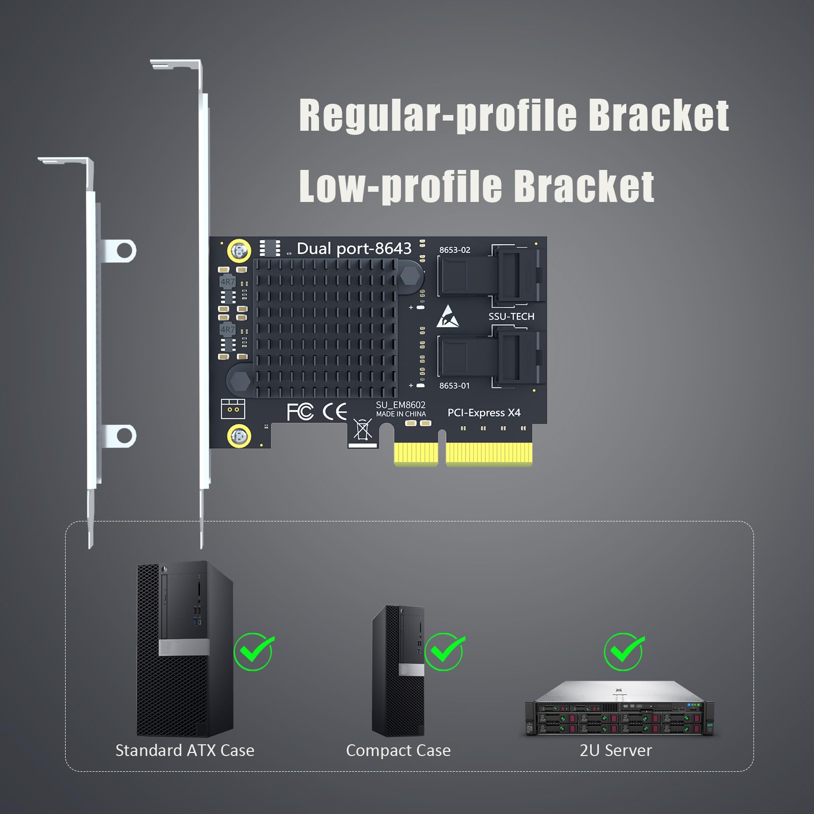 GLOTRENDS SF22 Tarjeta Adaptadora SFF-8643(Mini-SAS HD) de 2 Puertos a PCIE 3.0 X4, con Función PCIe Bifurcación, Soporte Estándar y Bajo Perfil