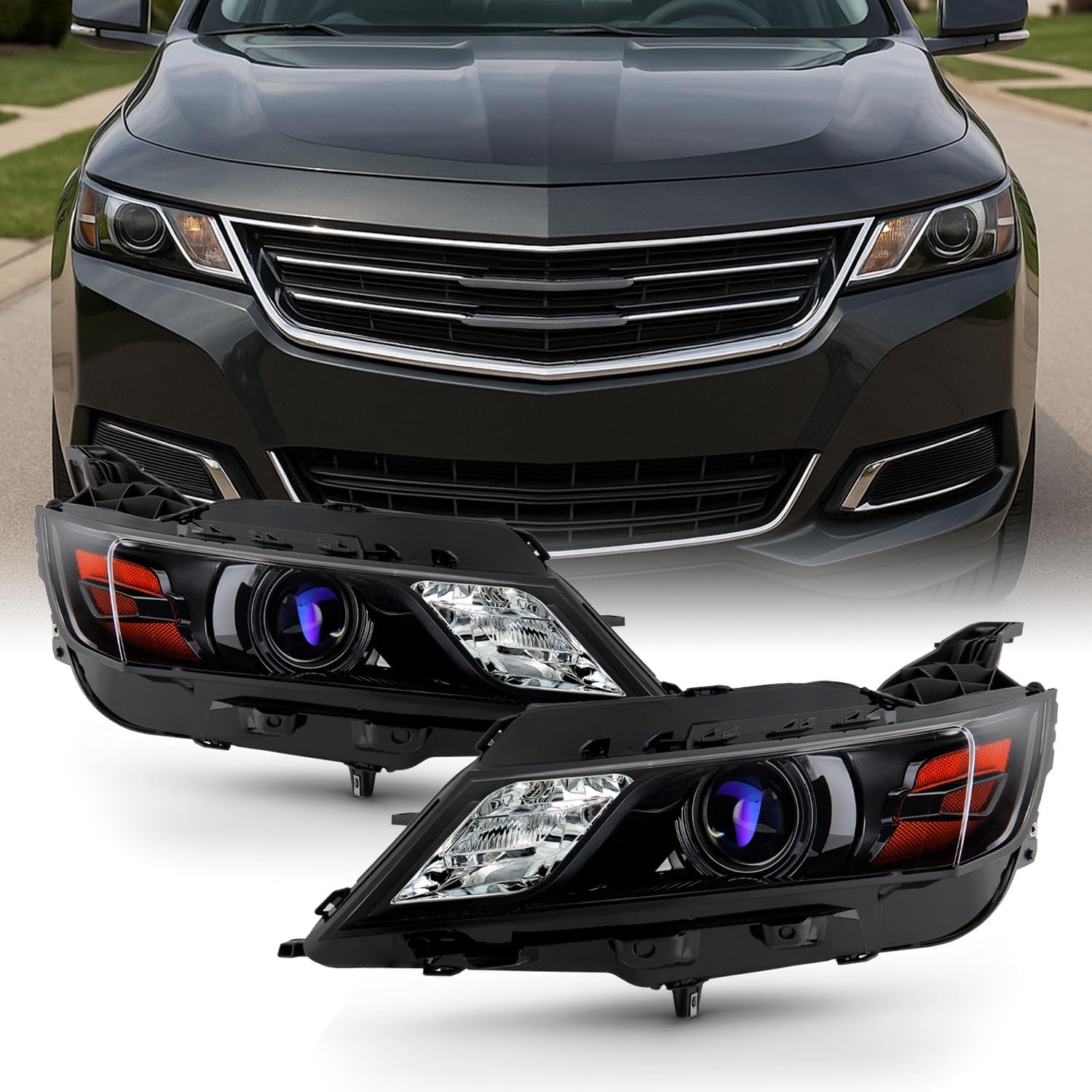AKKON - Fits 2014 2015 2016 2017 2018 2019 2020 Chevy Impala Sedan [Halogen Type] Projector Black Headlights Pair Left+Right Replacement