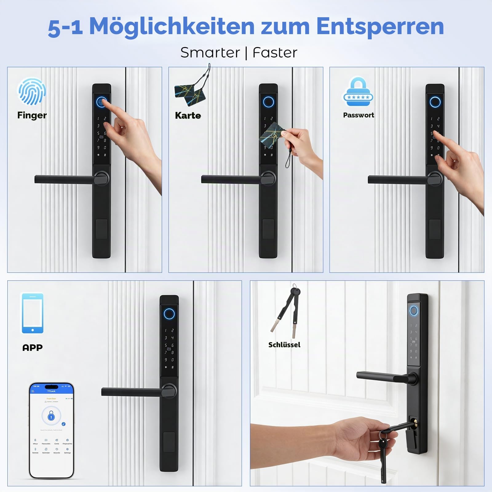 Smart-Türschloss Fingerabdruck-Türschloss, Intelligentes Haustürschloss mit Griff & Touch-Tastatur, Semiconductor-Fingerabdruck, RFID/APP/Code/Fernbedienung, für Aluminium-Holz-Vorhänge