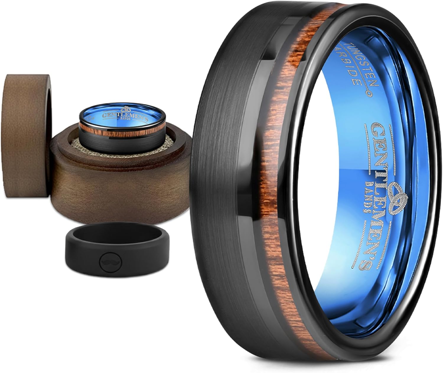 Men's Brushed Black Tungsten Carbide Wedding Band - Premium Grade Hawaiian Koa Wood Inlay Wedding Ring- Includes Silicon Band, Leather Drawstring Pouch, & Premium Finished Walnut Ring Box