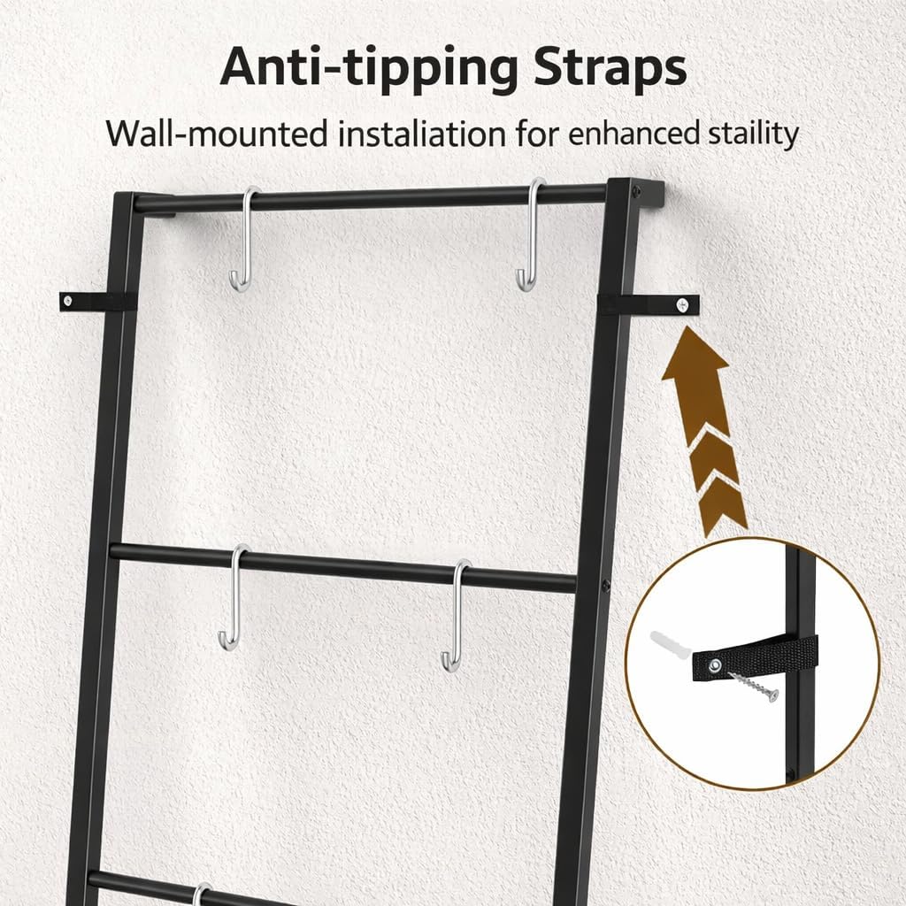 CADUKE Blanket Ladder with Storage Shelf, Blanket Rack with 8 Removable Hooks, Towel Ladder for Bathroom Living Room and Bedroom, Rustic Brown