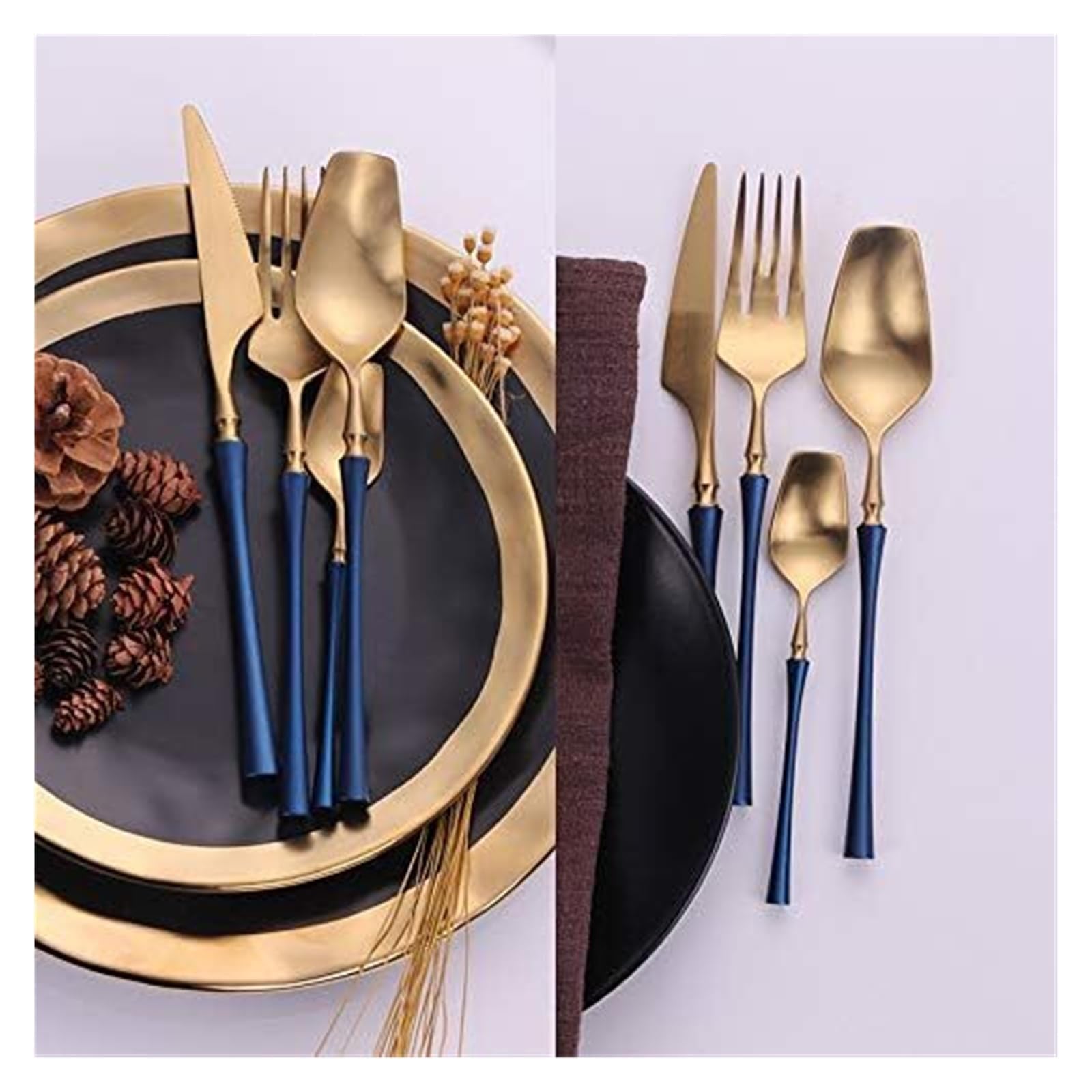 Cucharas-tenedor de acero inoxidable, juego de platos, cubiertos, juego de 4 piezas de acero inoxidable 304 con diseño creativo (cuchillo, tenedor y cuchara), vajilla estilo occidental, azul y dorado.