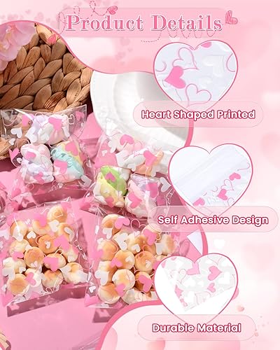 Miniatura 4 de RAYNAG 200 bolsas de galletas de amor rosa con sello, bolsas individuales de celofán para galletas, pasteles, postres, golosinas panadería