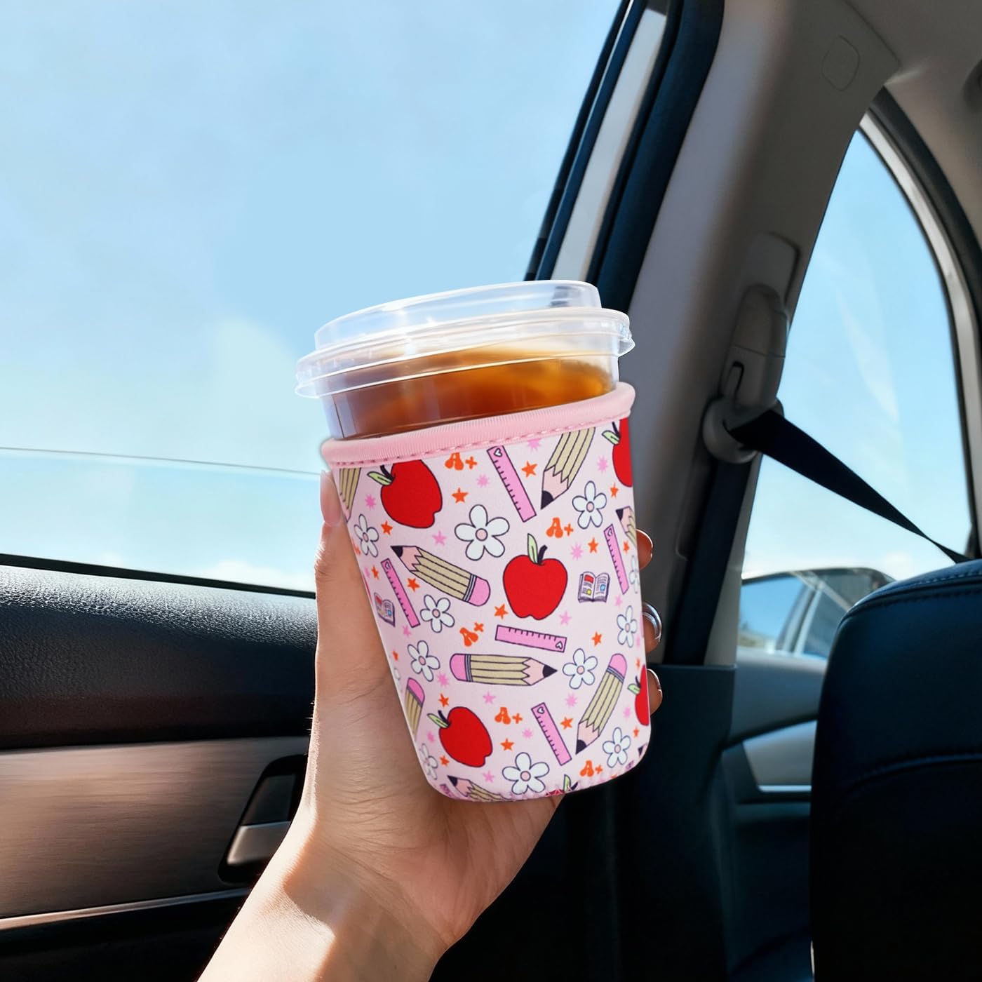 Reusable Insulated Sleeve for Iced Coffee Cup, Coffee Neoprene Sleeve for Cold & Hot Drinks, Beverage Holder for Iced Coffee (Teacher Treasure, Small: 16-18oz)
