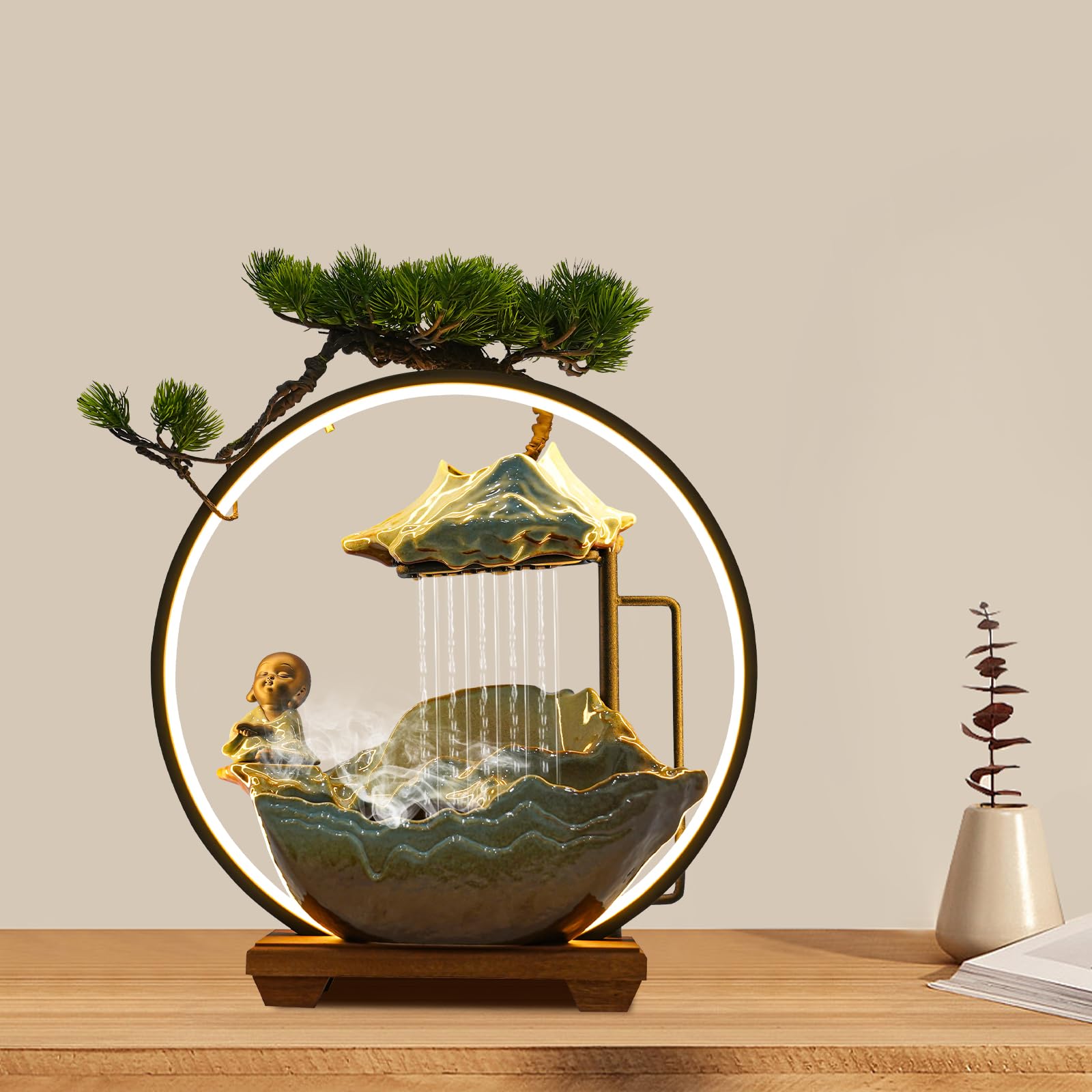 REHOUPTU Tabletop Water Fountain, Indoor Decoration Ornament, Desktop Water Fountain Decoration, Flowing Ornaments with Mist & Backflow Incense Holder for Meditation Planting