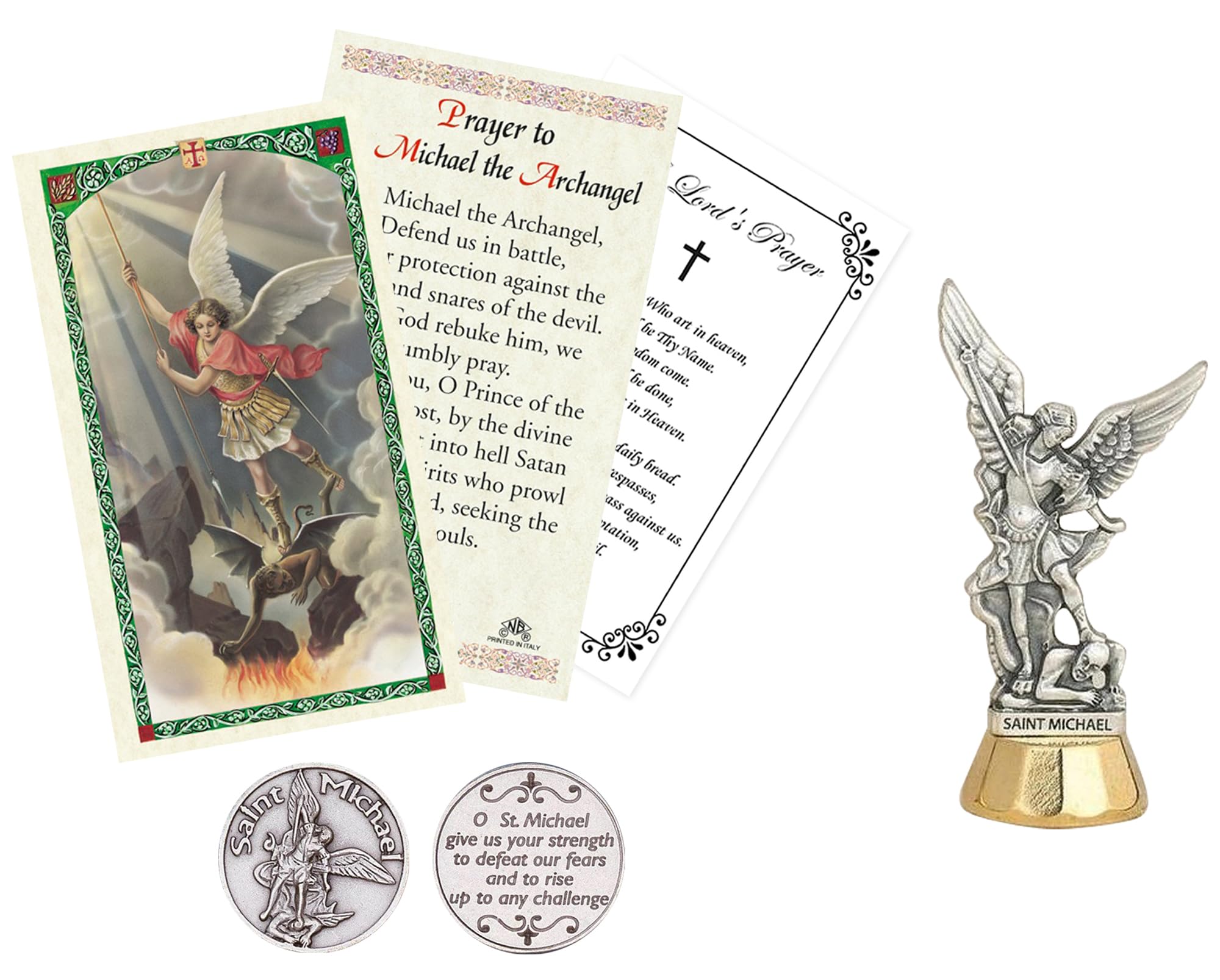 Trendzeen 3 Inch Saint Michael Archangel Statue - St Michael Prayer Card, St Michael Coin, The Lord's Prayer - Small Archangel Michael Statue - Saint Michael Statue, San Miguel Arcangel Set - 4 Items