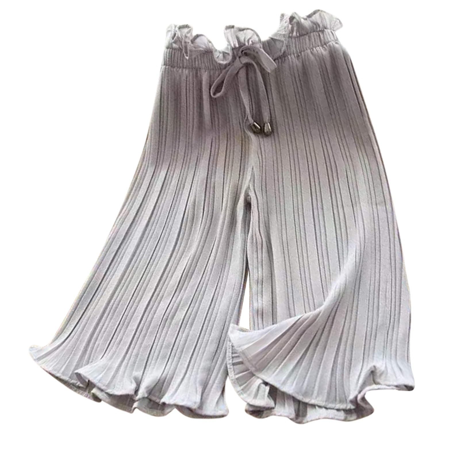Girl's Wide Leg Flowy Pants Elastic Waist Pleated Culottes Stretchy Cropped Pant Casual Solid Ruffle (Grey, 4-5 Years)