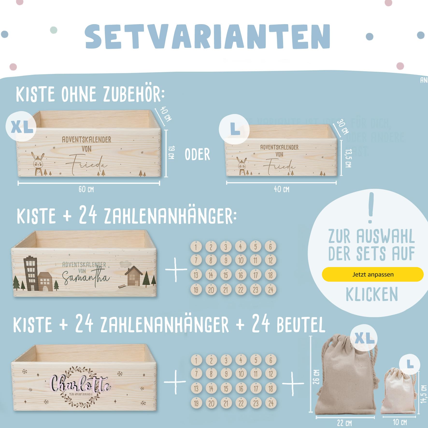 Personalisierte Adventskiste - Adventskalender aus Holz mit Namen - Gravur Kalender DIY - Weihnachtskalender für Kinder - hello mini (Weihnachtskugeln)