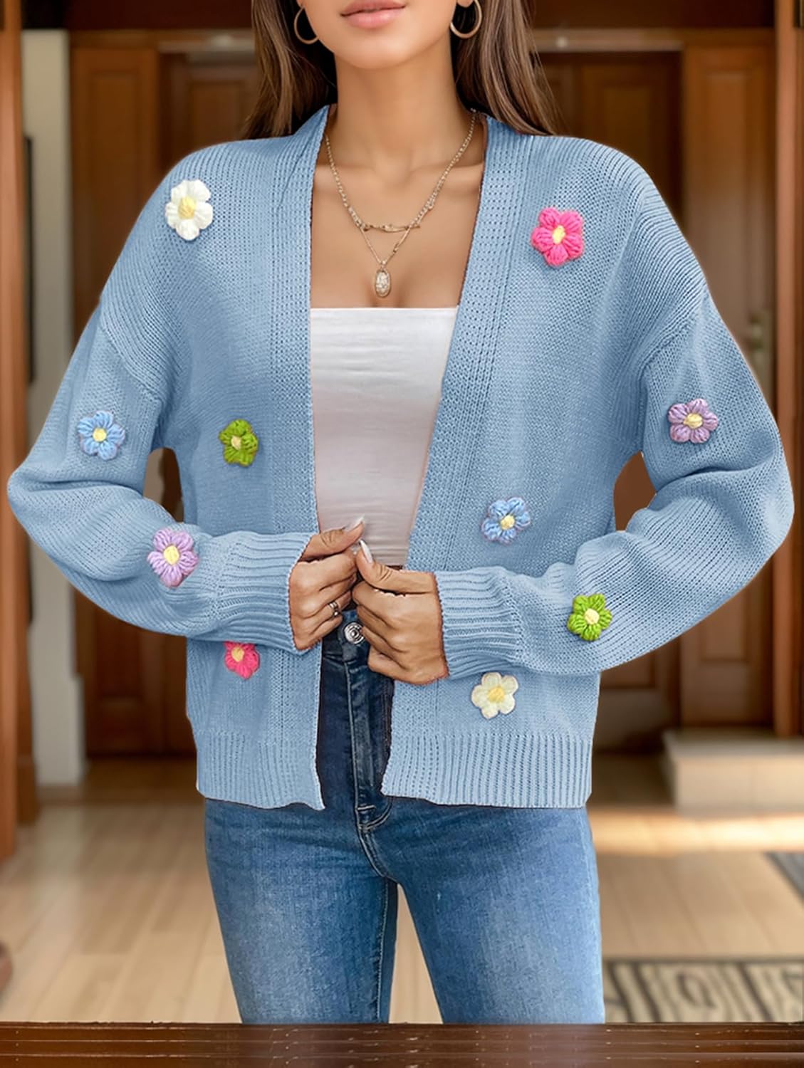 Cardigan Sweaters for Women, 3D Floral Embroidery Knit Cardigan Y2K Open Front Lightweight Sweater - Image 6