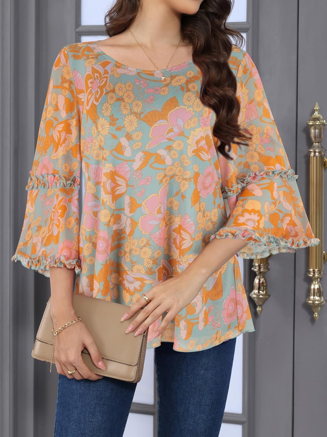 SeSe Code Ruffle 3/4 Sleeve Blouses for Women Dressy Casual Flowy Loose Fit Tunic Tops Work Stretchy Mesh Shirt Wrinkle Free - Image 2