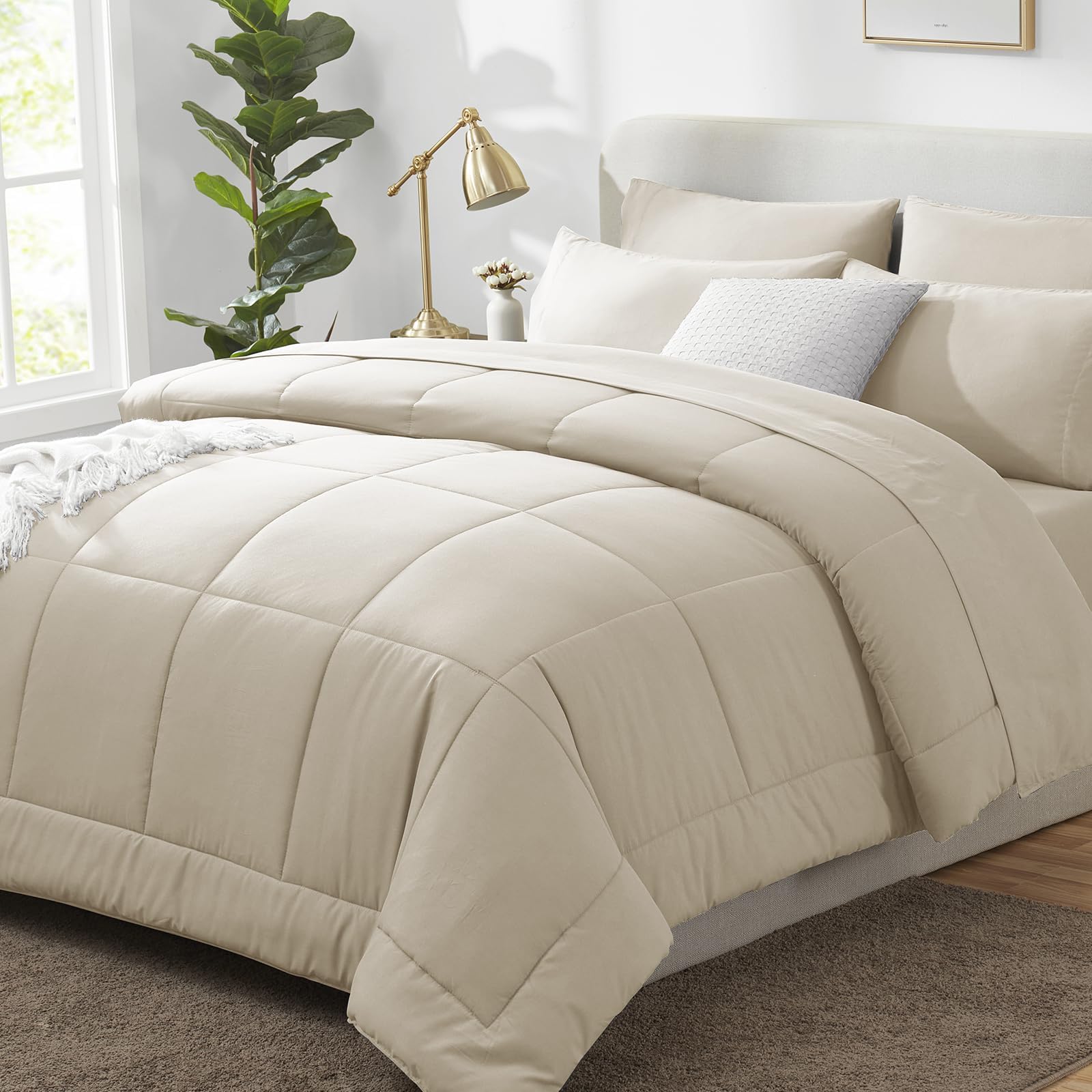 CozyLux California King Comforter Set Oatmeal - 7 Pieces Bed in a Bag