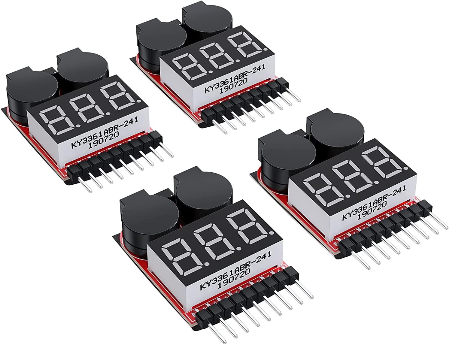 1-8S Lipo Battery Voltage Tester 4 Pack, 2-in-1 RC LiPo Low Voltage Buzzer Alarm with LED Indicator, Battery Monitor Checker for 1-8S LiPo Li-ion LiFe LiMn Cells, High Precision ±0.01V