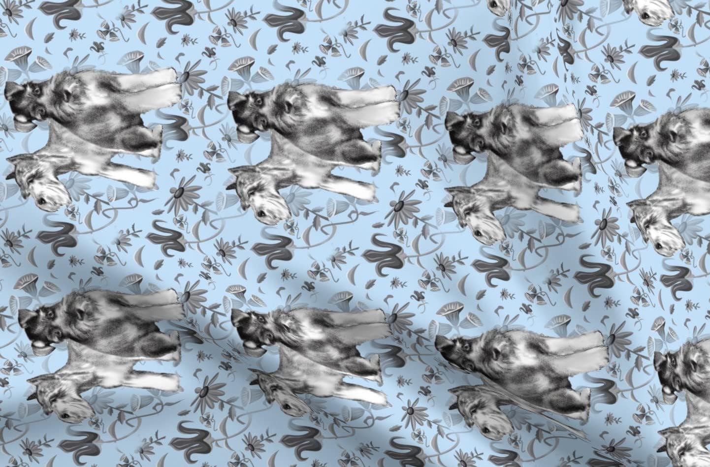 Spoonflower Fabric - Schnauzers Flowers Garden Schnauzer Dogs Pets Slate Blue Mini Animals Printed on Petal Signature Cotton Fabric by The Yard - Sewing Quilting Apparel Crafts Decor