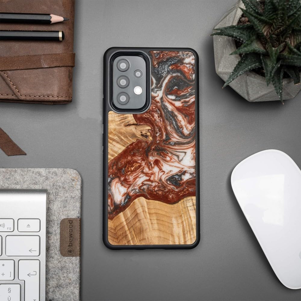 Funda de madera hecha a mano compatible con Samsung Galaxy A53 5G, planetas: diseño WENUS, carcasa de madera auténtica y resina, marco de silicona TPU, resistente a los golpes, grano de crema