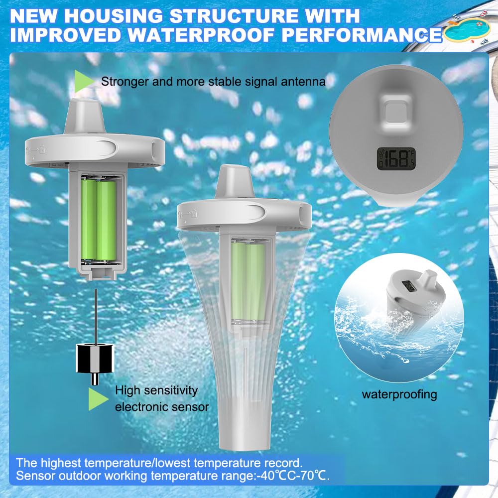 Thermomètre Piscine Sans Fil, Thermomètre de Piscine Flottant avec Capteur Extérieur, Thermomètre Piscine Connecté WiFi pour Spa, Jacuzzi, Baignoire et Étangs (Sans Pile)