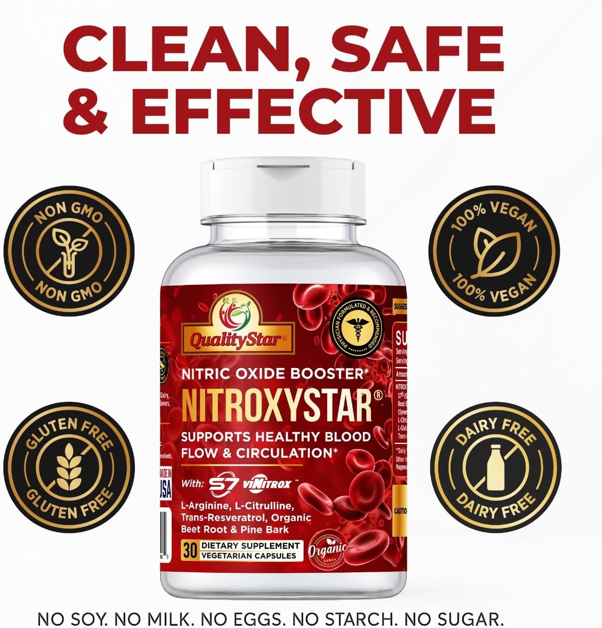 Nitroxystar Nitric Oxide Booster for Men & Women - Featuring S7® & ViNitrox™ - Blend with L-Arginine, L-Citrulline, Ginseng - Muscle Pump, Circulation, Endurance & Recovery Support - 30 Vegan Capsules
