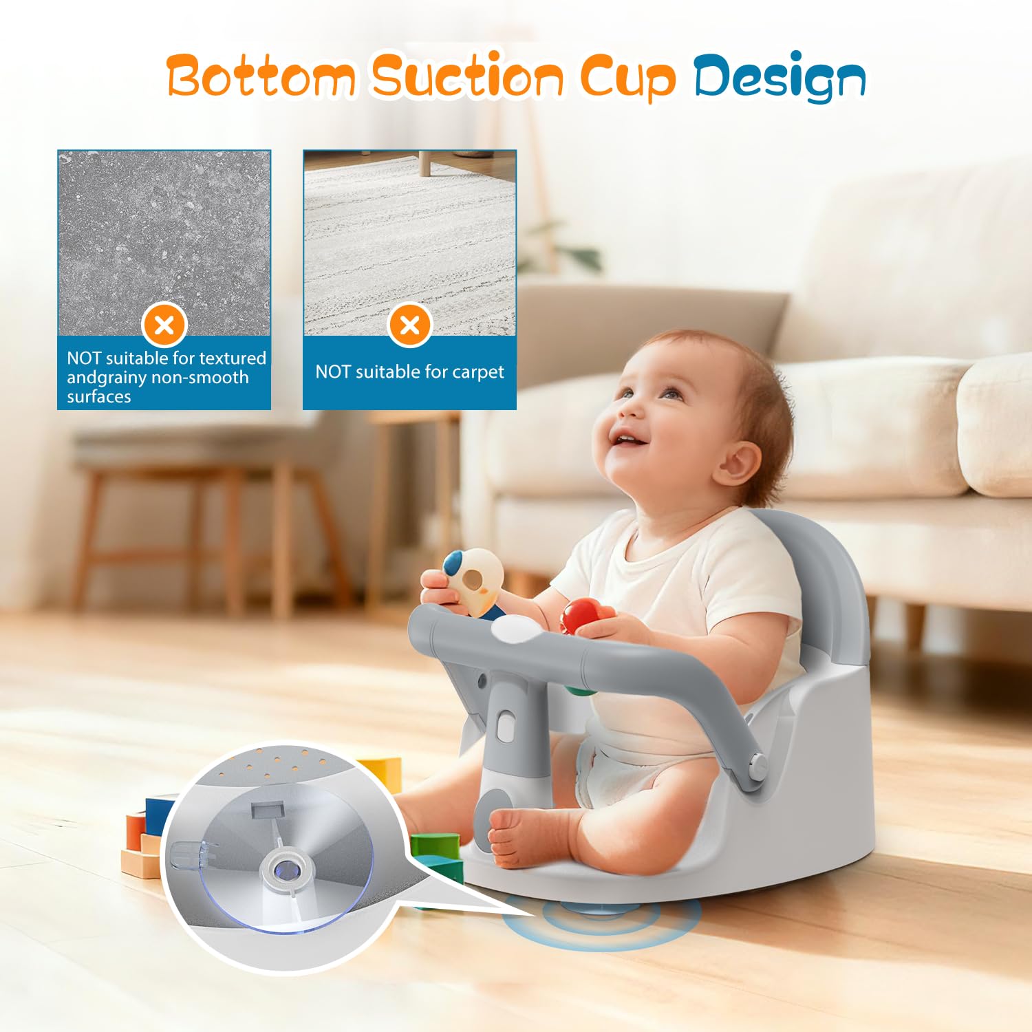 Baby Bath Seat for Babies 6 Months & Up Sitting Up, Non-Slip Baby Bath Chair with Suction Cup, Safe and Comfortable Portable Infant Bath Seat for Bathroom, Bathtub Tub, Easy to Clean (Grey)