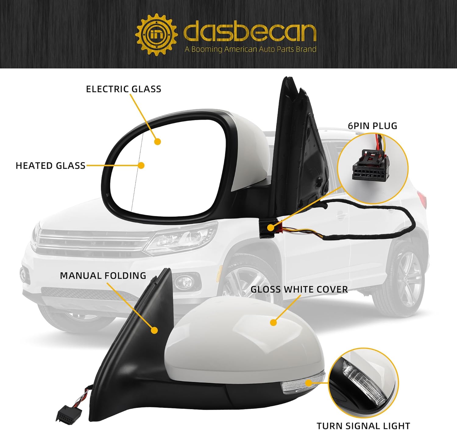 Dasbecan Left Driver Side Mirror Compatible with 2009-2017 Volkswagen Tiguan Door Mirror w/Power Heated Glass Turn Signal Manual Folding Gloss White Cover VW1320131 (6 Pins)