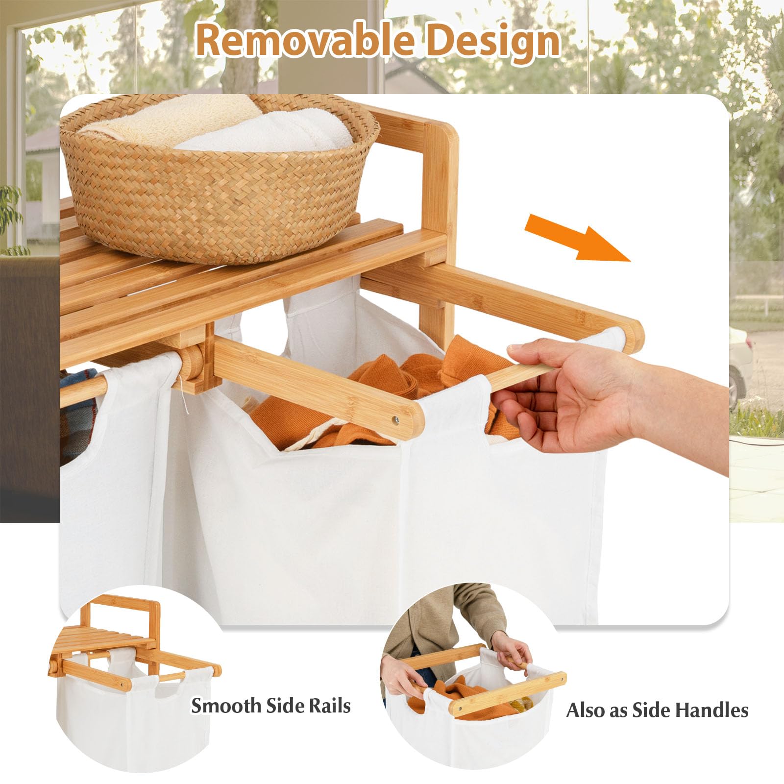 LIFEZEAL 70L Cesto Biancheria Sporca a 2 Scomparti, Mobile Portabiancheria in Bambù, Cesto Estraibile, con Sacco Rimovibile, Lavabile, Piano Portaoggetti, Lavanderia, Bagno, 63x33x73cm, bianco