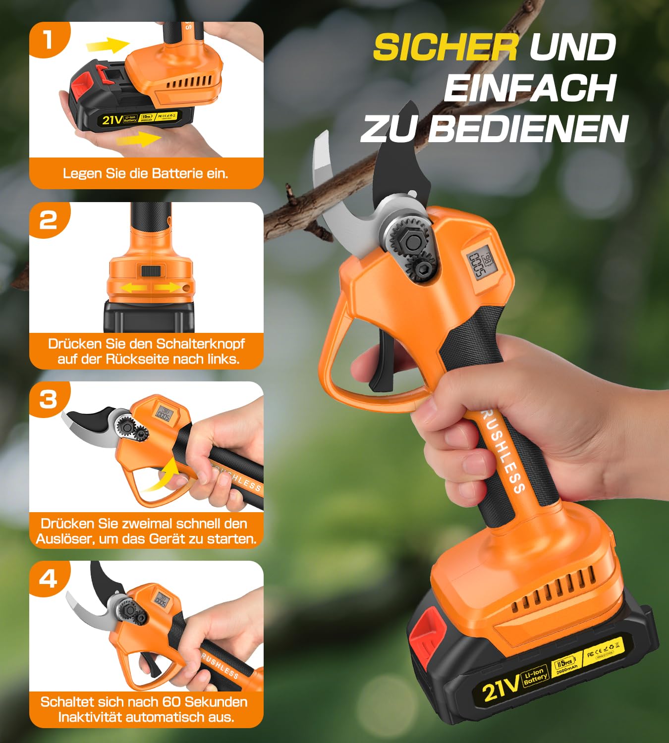 Akku Astschere,35 mm Elektrische Gartenschere für Makita mit LCD-Display&SK7 Klingen,1000W Bürstenloser Motor,Akku Gartenschere mit 2000 mAh * 2 Wiederaufladbaren Batterien für Gartenbaumscherenzweige