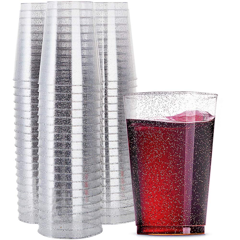 Plastic Cups, 50 Count 10 oz Silver Glitter Clear Plastic Cups Tumblers, Hard Plastic Disposable Cups For Wedding Glasses Plastic Party Cups, Clear Plastic Cups Tumblers, Wedding, Party Cups