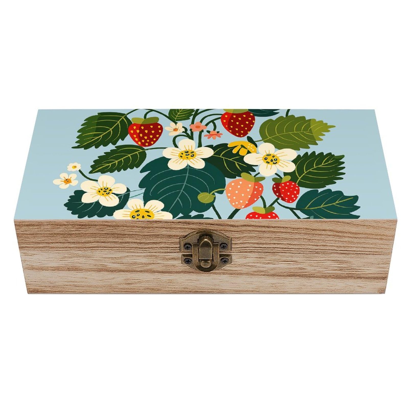 JTREHY Wooden Storage Box Container,Strawberries And Flowersprinted Desk Storage Box Room Decoration Box Souvenir Storage Box for Jewelry Gift Storage And Home Decoration