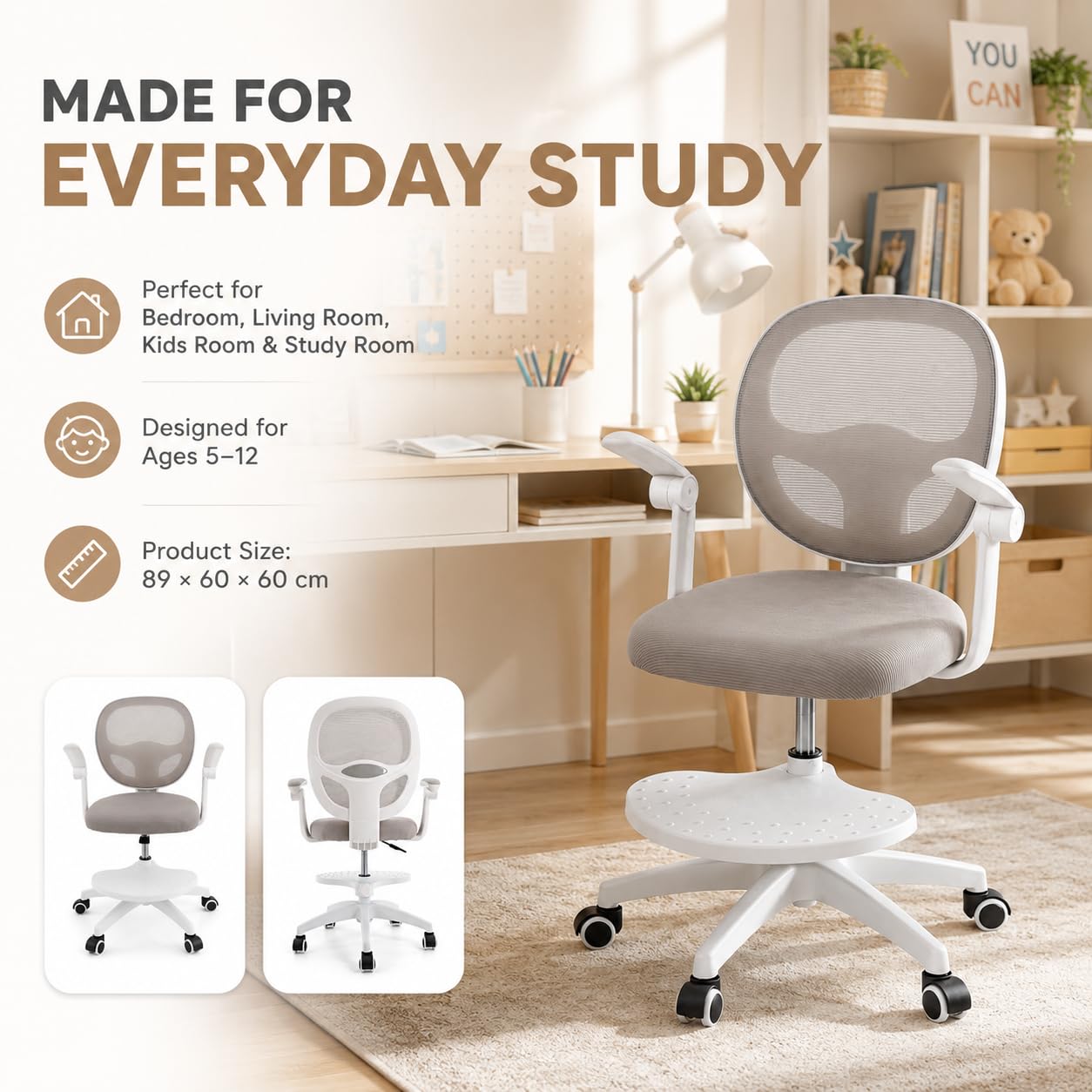 Sedia da scrivania per bambini, regolabile in altezza, 50 kg, grigio | rete, schiuma, forma a sella, pieghevole a 90°, 50 kg, ruote a gravità, girevole a 360°, seduta da 10 cm + poggiapiedi, 5-13J