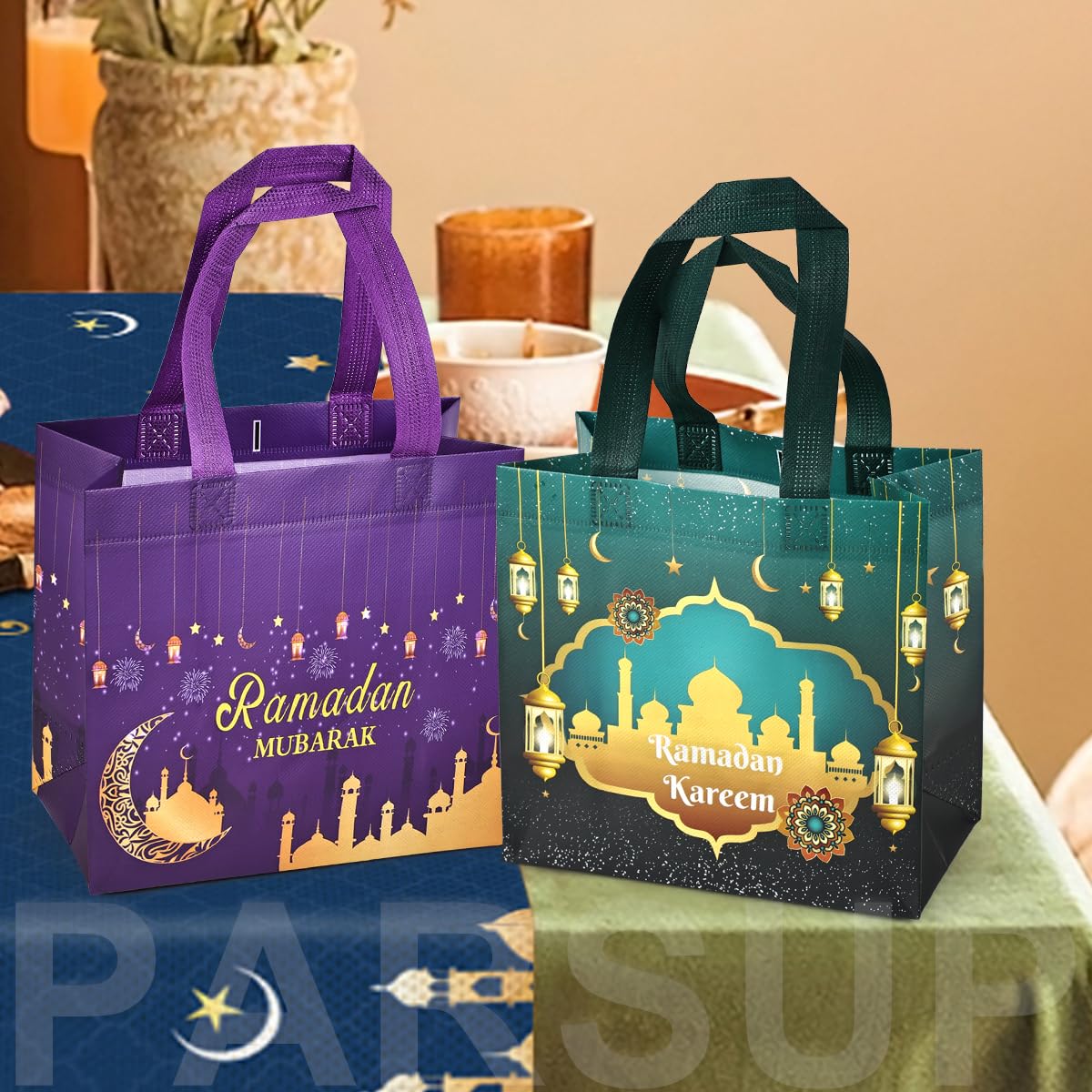 PARSUP 16PCS Eid Mubarak Reusable Gift Bags, Treat Bags with Handles, Ramadan Mubarak Party Bags, Multifunctional Non-Woven Eid Bags for Gifts Wrapping, Ramadan Kareem Party Supplies, 9.2"×8.7"×4.3"