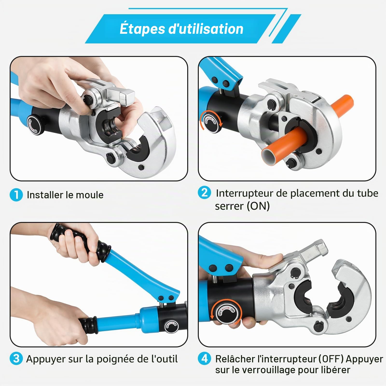 Pince a Sertir Multicouche U,Sortie 8T, Tubes en Aluminium-Plastique/Pex/PB,Pince à Sertir avec Tête Rotative à 360° et Poignée Ergonomique en Caoutchouc,Pour Raccords sur Tubes: U16, U20, U25, U32