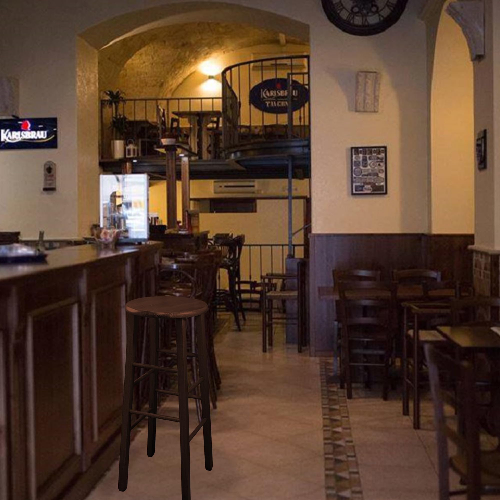 Sicignano | Sgab Sgabello Tondo in Legno Massello, Piede Dritto, Struttura Stabile e Sicura - Dimensioni Altezza 80x32 cm Diametro Seduta - Noce, Artigianale, per Pub Bar Ristoranti Cucina, SED951