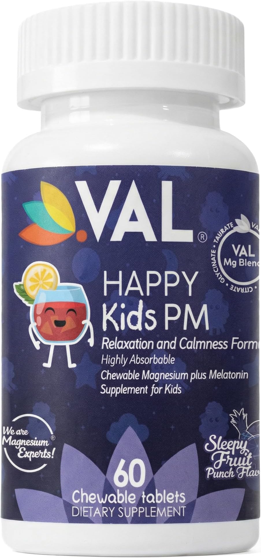 VAL Happy Kids PM – Sugar-Free Chewable Magnesium with Melatonin | Sleep Support for Children | Magnesium Glycinate + Citrate + Taurate | B6, C | Fruit Punch | 60 Tablets | Non-GMO