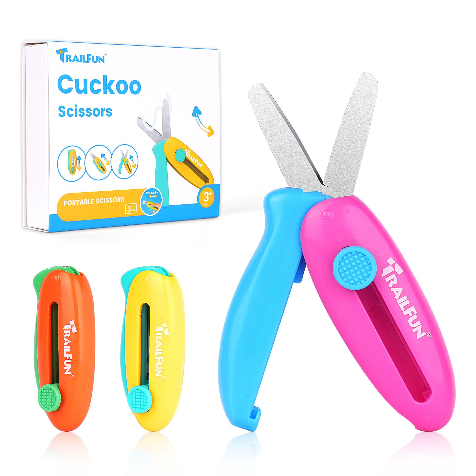 Retractable Safety Scissors for Kids, 3Pcs Scissors for Toddler Ages 3 4 5 6 7, Cute Small Art Crafts Cutting Tools