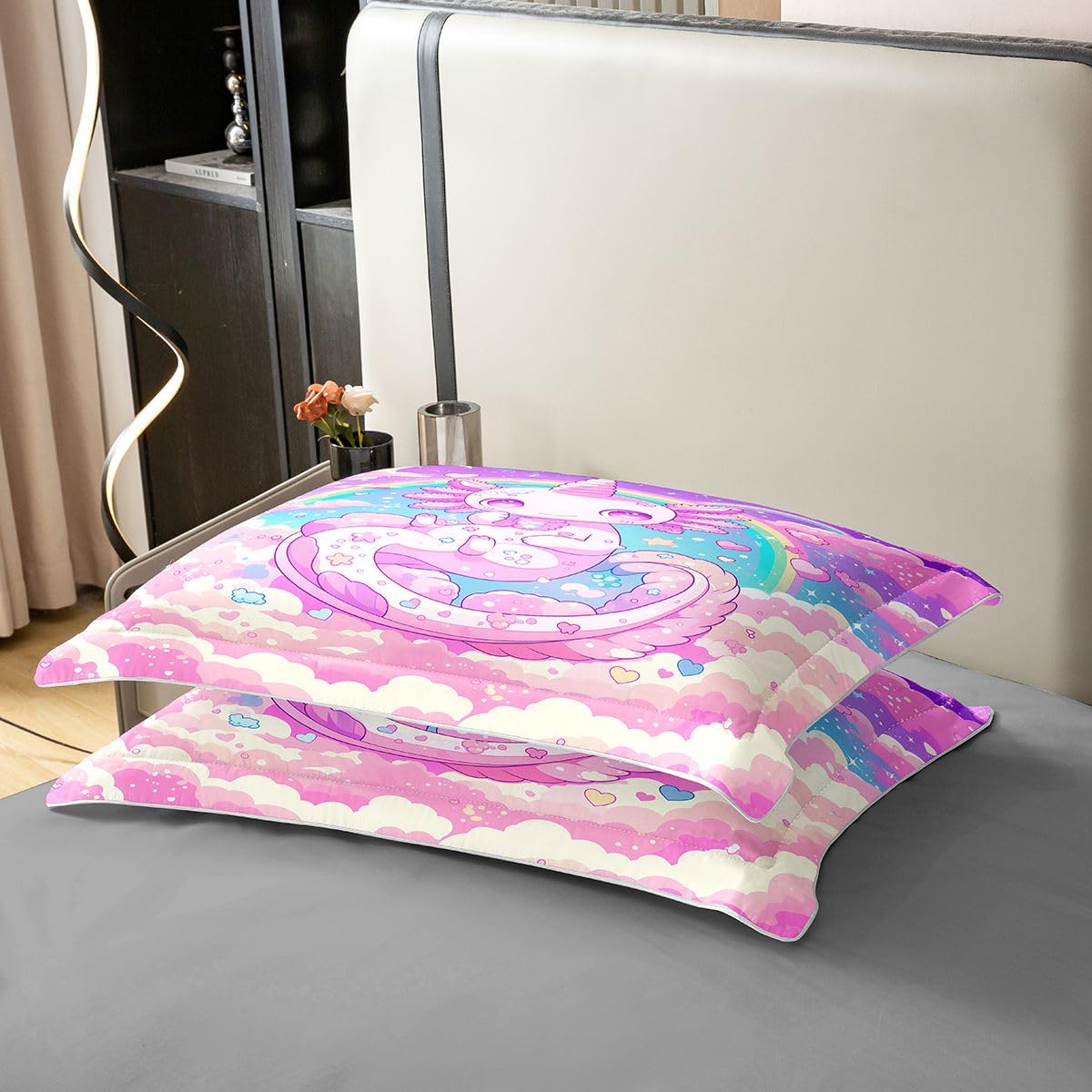 Homewish Kreskówka Marzycielski Axolotl Księżniczka Dziewczęca Tęcza Jednorożec Fioletowy Różowy Pojedynczy Zestaw Poszwa Na Kołdrę Miłość Serca Bawełniana Pościel Ombre Urocza Salamandra Poszewka Na
