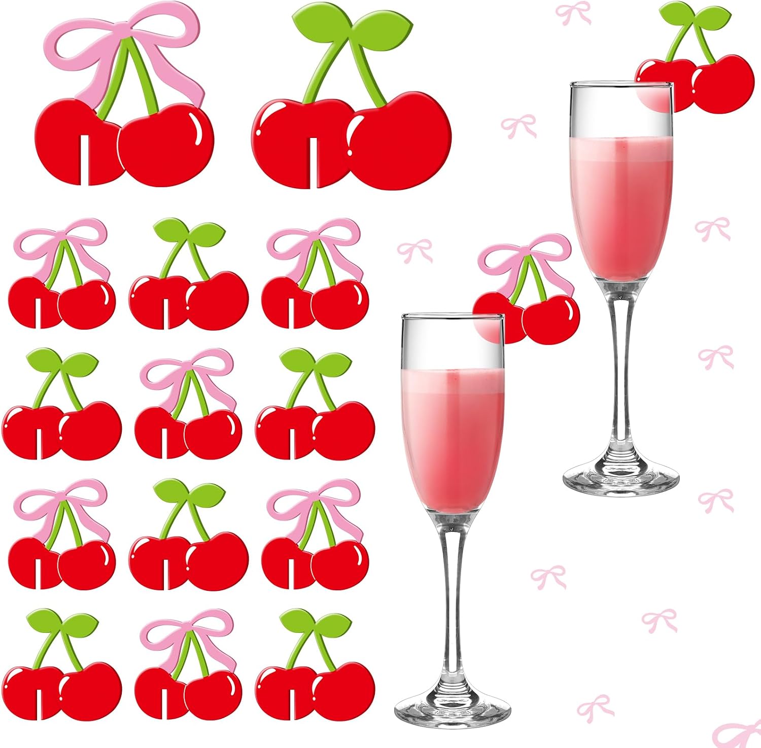 Chunful 36 Pcs Cute Drink Markers Acrylic Pink and Red and Bow Drink Tag Charm for Bachelorette Coquette Birthday Wedding Bridal Shower Party Favor Summer Themed Party Decoration