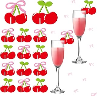 Chunful 36 Pcs Cute Drink Markers Acrylic Pink and Red and Bow Drink Tag Charm for Bachelorette Coquette Birthday Wedding Bridal Shower Party Favor Summer Themed Party Decoration