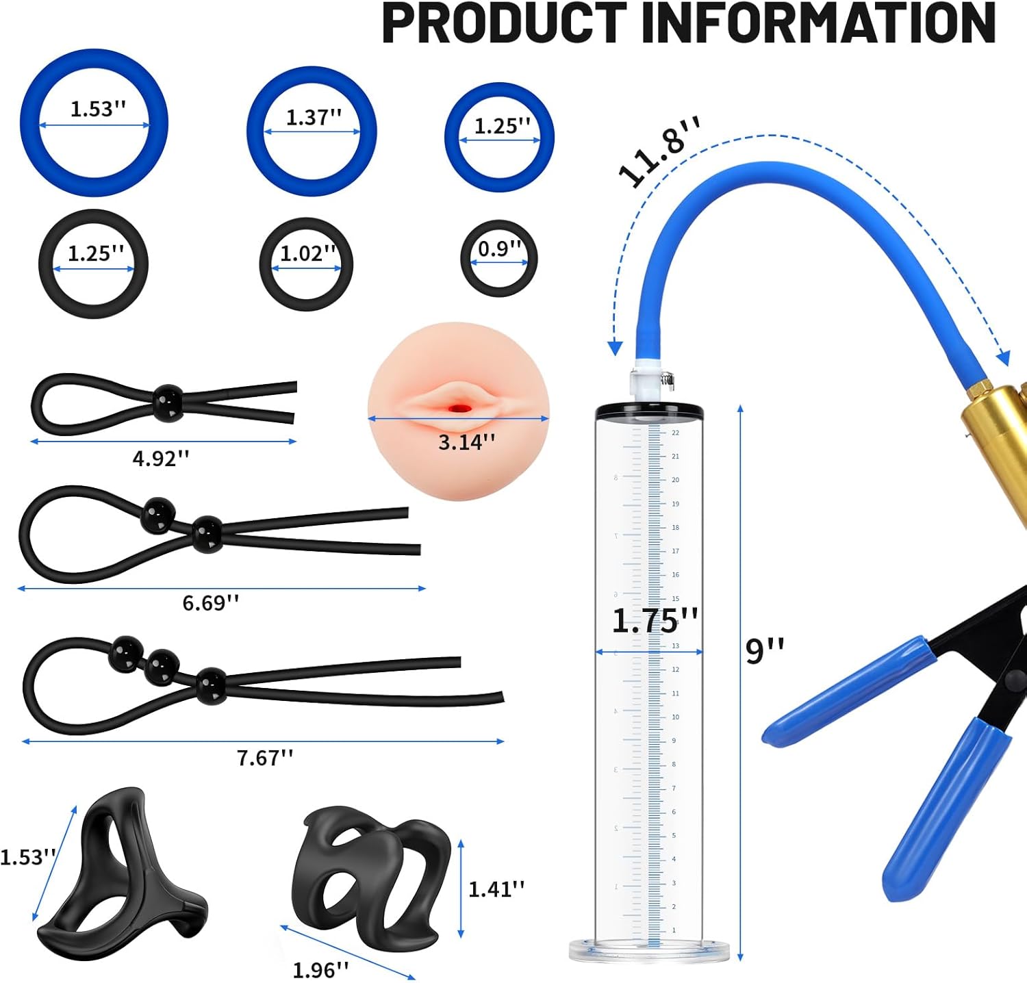 Male Enhancement Pump System 9 x 1.75 inch Cylinder,with Gauge,with a Lifelike Vagina Sleeve & 11PCS Penis Rings Set,Sex Toys - Pumps & Enlargers,Penis Male Sex Toys