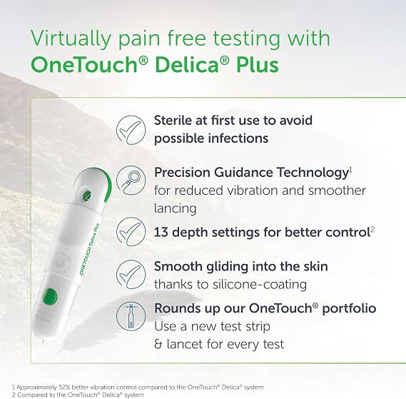 OneTouch® Delica® Plus Sterile Lancets for Self-Monitoring of Blood Glucose I Blood Glucose Testing at Home or on the Go I 1 Pack with 200 Sterile Lancets