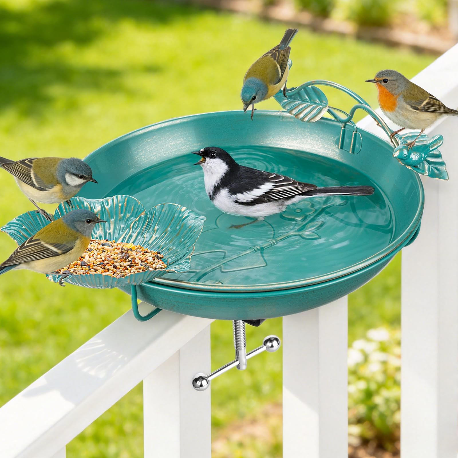 Mellbree Metal Bird Bath Deck Mounted, 12" Dia Lake Blue with Gold Gilding, Deck Mounted Fence Clamp Birdbath with Perch & Feeder Bowl, Detachable Multi-Functional Balcony Railing Bird Bath