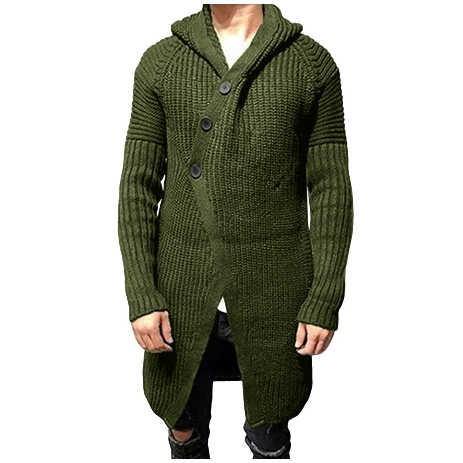 Strickjacke Herren Gestrickt Cardigan Solide Wintermantel Mittellanger Trenchcoat Feinstrick Kapuzenjacke Vintage Reißverschluss Mantel Herbst Winter Strickmantel Warme Erbsenmantel