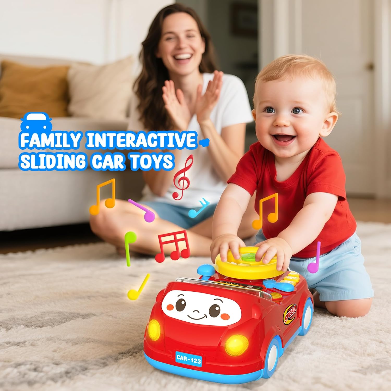 Toys for 1 Year Old Boy Gifts - 2-in-1 Toddler Push Car & Musical Racing Adventure Steering Wheel Driving Game, Interactive Simulated Driving Car for Baby 12-18 Months, Birthday Gift Ages 1-2, Red