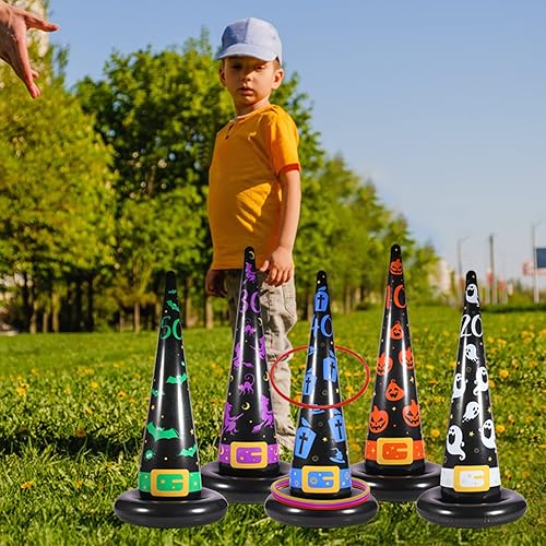 Miniatura 6 de Halloween Ring Toss Game Set, Inflatable Witch Hat Ring Toss Game with 10 Plastic Rings and Air Pump, Super Fun Halloween Games for Family Party