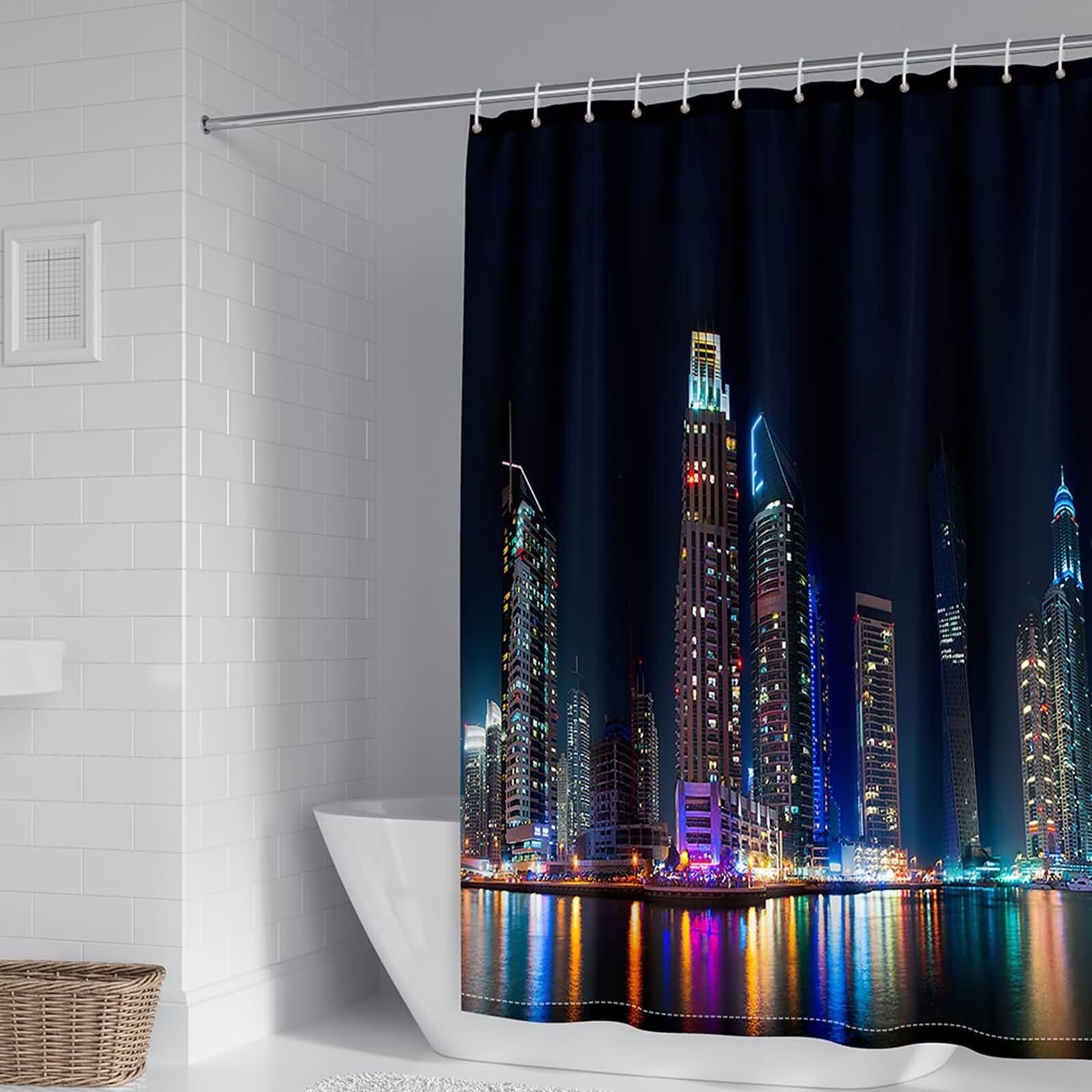Rideau de douche grand format KnSam avec motif de bâtiments pour sublimer le décor de votre bain