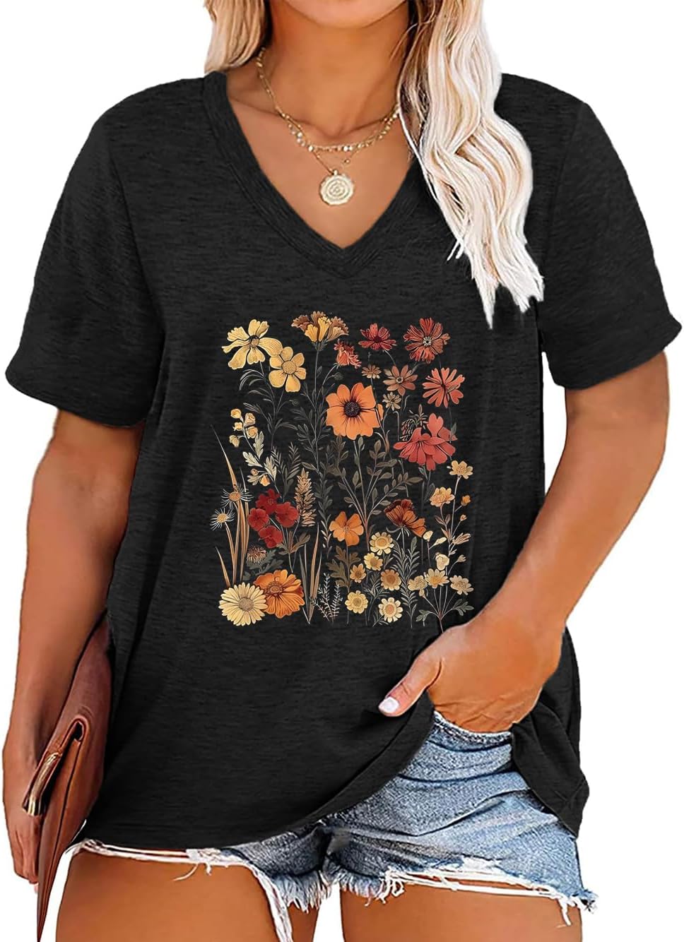 Robisomn Womens Plus Size Tops Boho Floral Short Sleeve V Neck T-Shirt Casual Summer Wildflower Graphic Tees