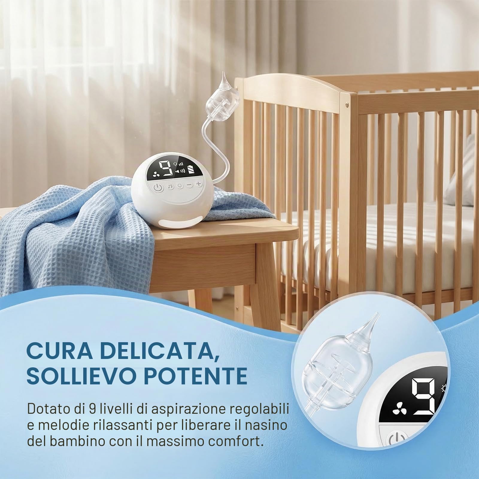 Aspiratore nasale elettrico per bambini, 65 kPa, forte aspirazione e 9 livelli, silenzioso | Con musica e luce, ricaricabile, 3 misure di ugelli in silicone alimentare, per neonati e bambini