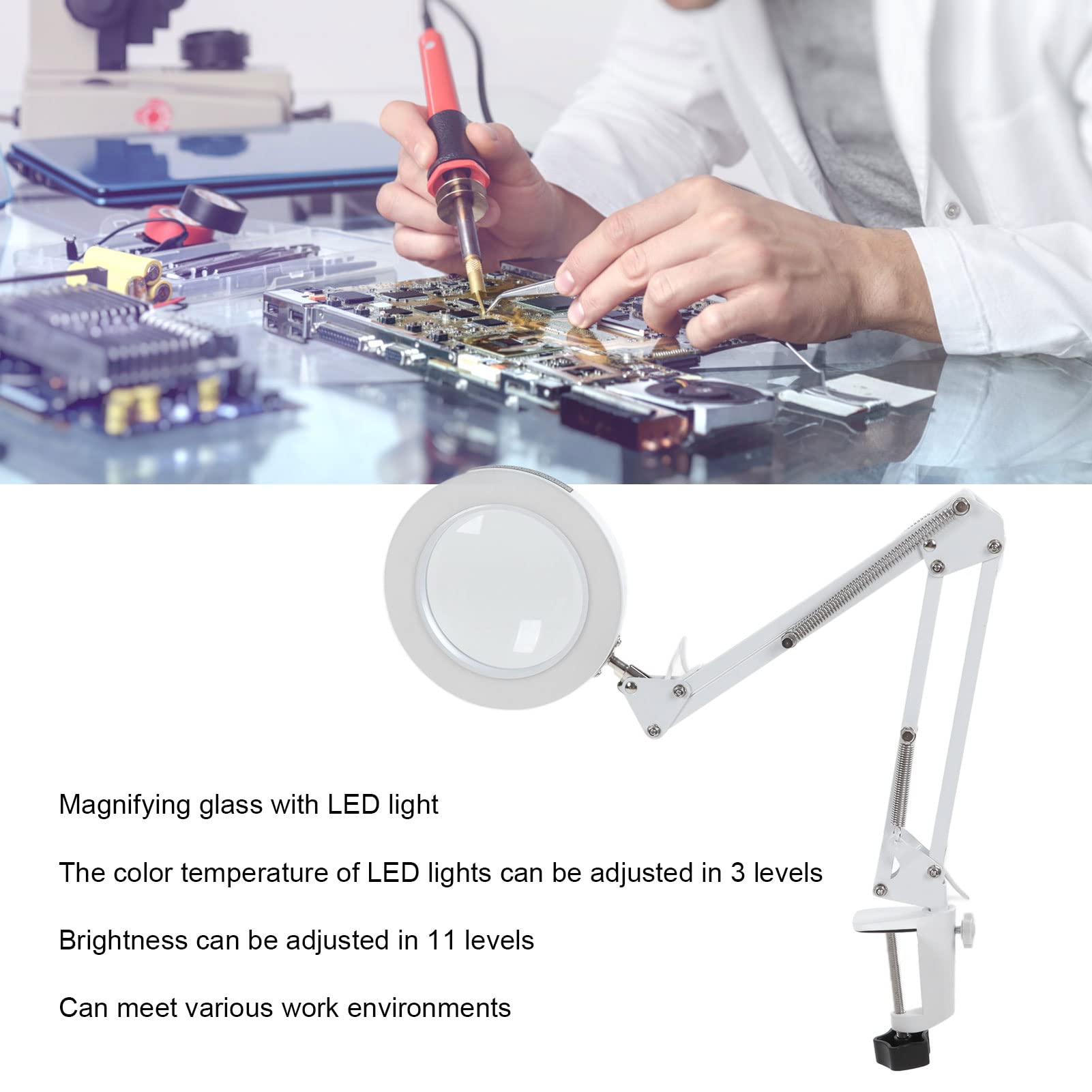 Lente d'ingrandimento con luce, Luce da lettura con clip, 3 temperature di regolabili e 11 luminosità, Lente d'ingrandimento 5X Morsetto pieghevole con clip in metallo per