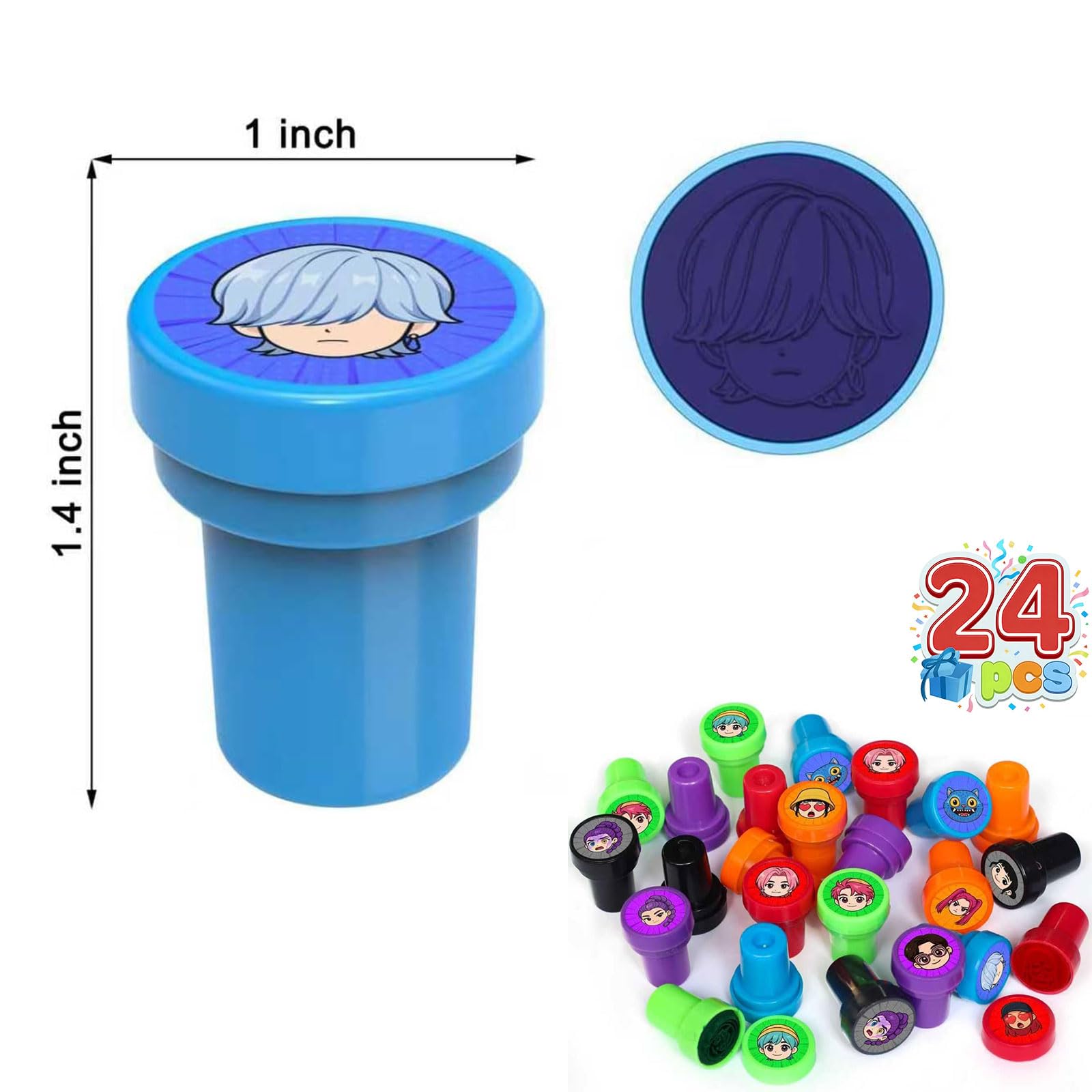 Lot de 24 sellos Demo - Mini Hunte - Autoentintables - para Niños - Redondos - Multicolor - Lindo Juguete de Dibujos Animados - para Fiesta - Pequeños Regalos